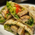 Ensalada César envuelta en tortilla, con trozos de pollo a la parrilla.