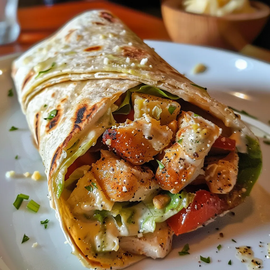 Wrap de ensalada con pollo, queso y aderezo, presentado sobre fondo claro.