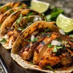Tacos de pollo asado servidos con rodajas de lima y salsa.