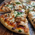 Vista lateral de una pizza de pollo cubierta de salsa BBQ y quesos.