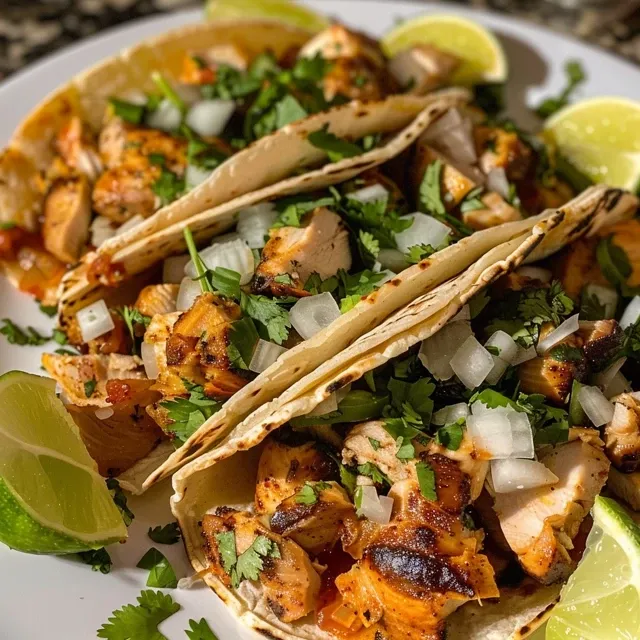 Tacos de pollo asado en tortillas de maíz con aderezos coloridos.