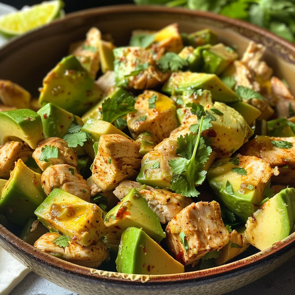 Detailed image of Aguacate con Pollo with corn and cilantro garnish.