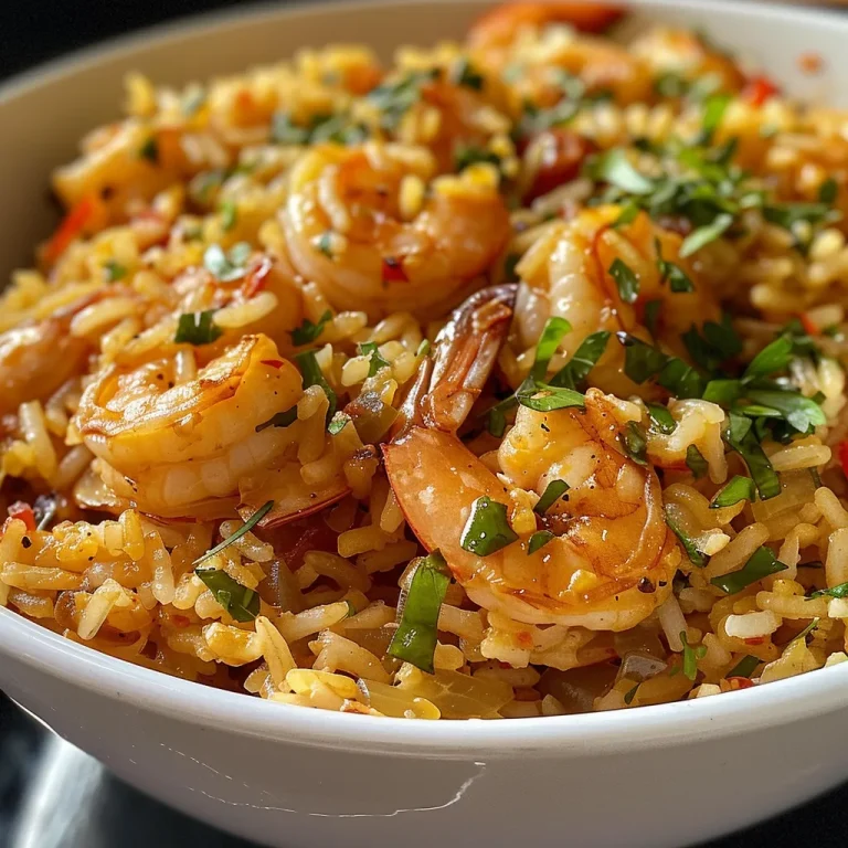 Vista lateral de un delicioso arroz con camarones, con un fondo desenfocado.