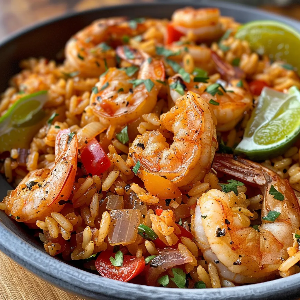 Close-up de un plato de arroz con camarones, resaltando los ingredientes frescos y colores vibrantes.