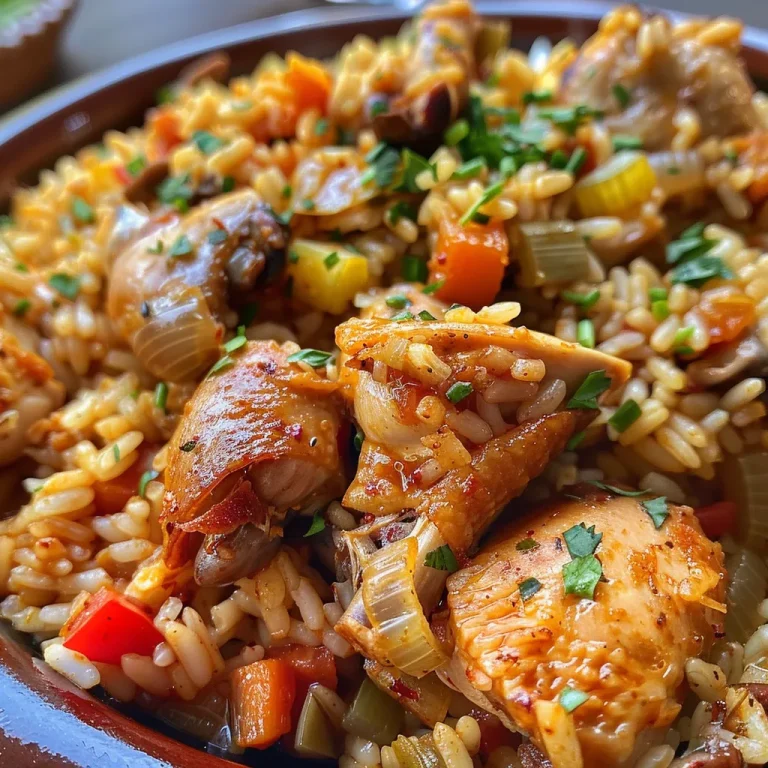 Detalle de un plato de arroz amarillo mezclado con pollo y vegetales.