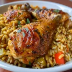 Juicy Arroz con pollo displayed on a plate, with visible ingredients like peas and peppers.