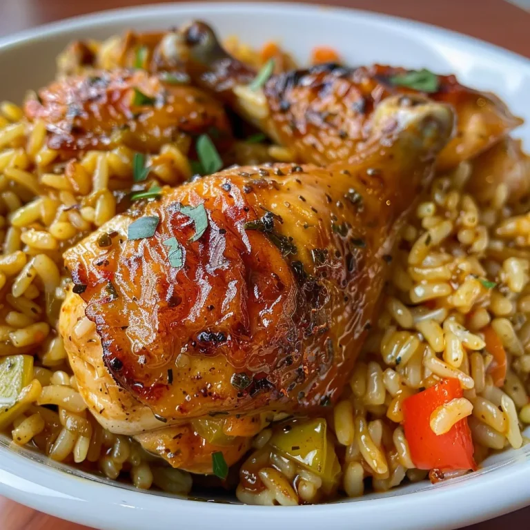 Juicy Arroz con pollo displayed on a plate, with visible ingredients like peas and peppers.