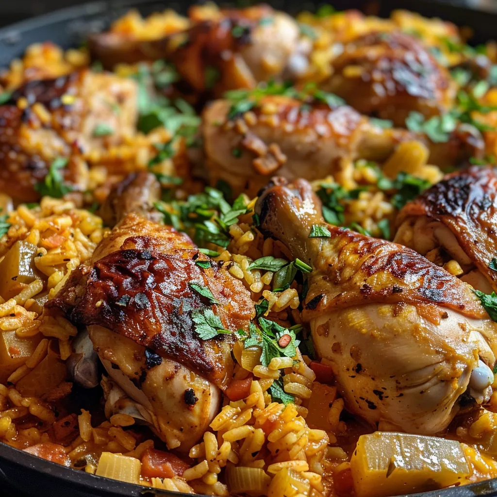 Appetizing close-up of Arroz con pollo, emphasizing the golden rice and chicken pieces.
