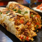 Burrito relleno de pollo, arroz y frijoles, rodeado de vegetales.