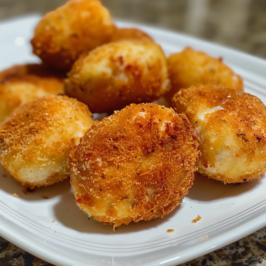 Vista lateral de croquetas de pollo acompañadas de salsa.