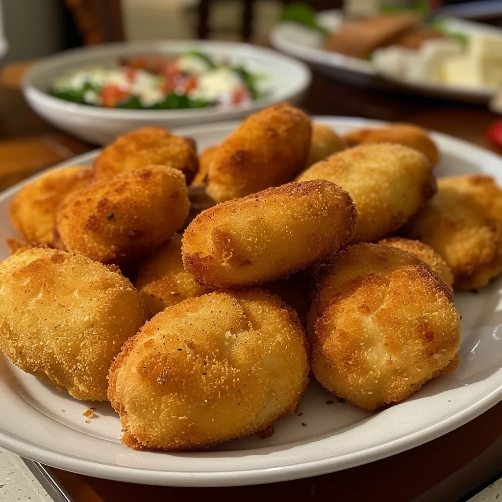 Vista lateral de croquetas de pollo, con un fondo desenfocado de cocina.