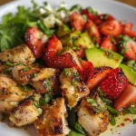 Primer plano de ensalada de lechuga, fresas, pollo y queso feta.