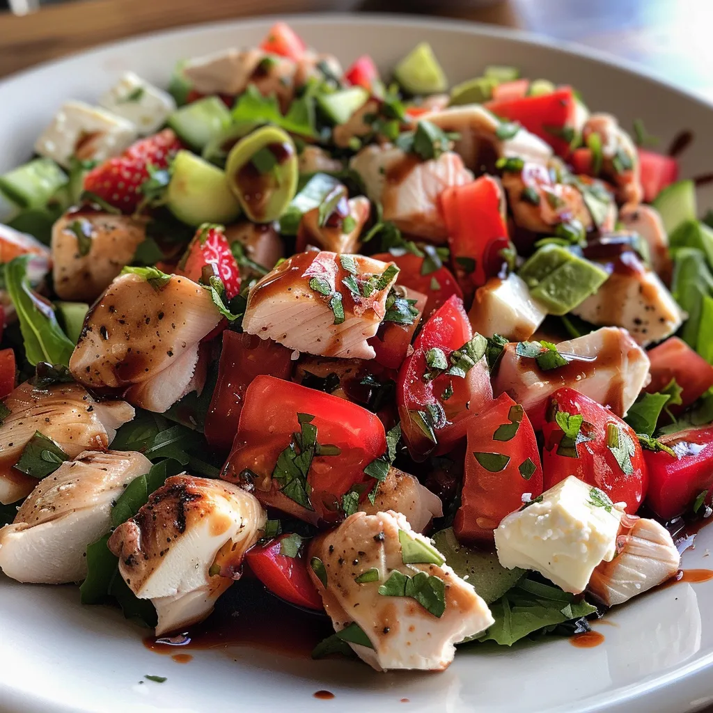 Ingredientes de ensalada de pollo, fresas y queso feta en un tazón.