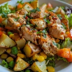 Vista lateral de una ensalada de pollo con lechuga, maíz y zanahorias.