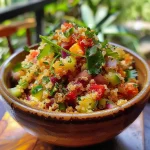 Vista lateral de una ensalada de quinoa con pepino y pimiento.