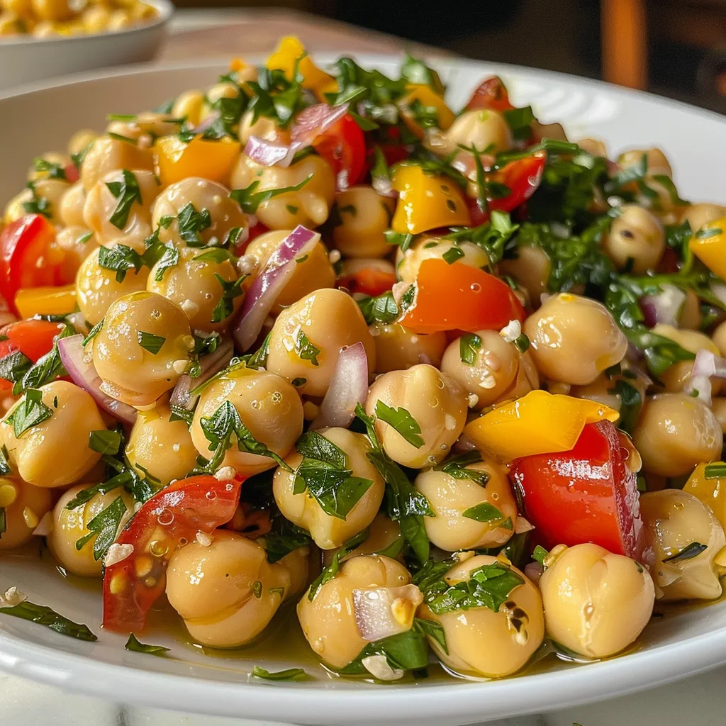 Vista lateral de una ensalada mediterránea vibrante con garbanzos y verduras.