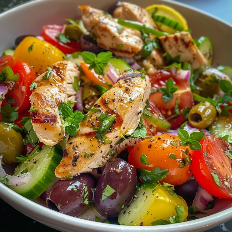 Refresca tu Paladar: Ensalada Griega Saludable con Pollo Ensalada colorida de pollo con aceitunas y queso feta en un tazón.