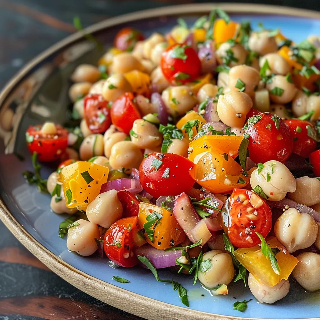 Ensalada vibrante de garbanzos, decorada con perejil y aliñada.