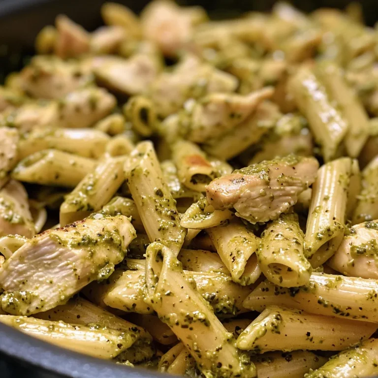 Pasta deliciosa con pollo y salsa pesto, decorada con hierbas frescas.