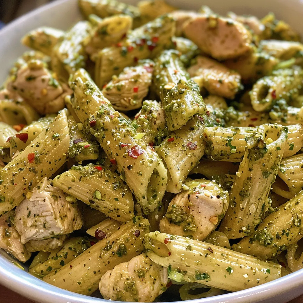 Close-up de un plato de pasta con pollo, pesto y crema, mostrando su textura jugosa.