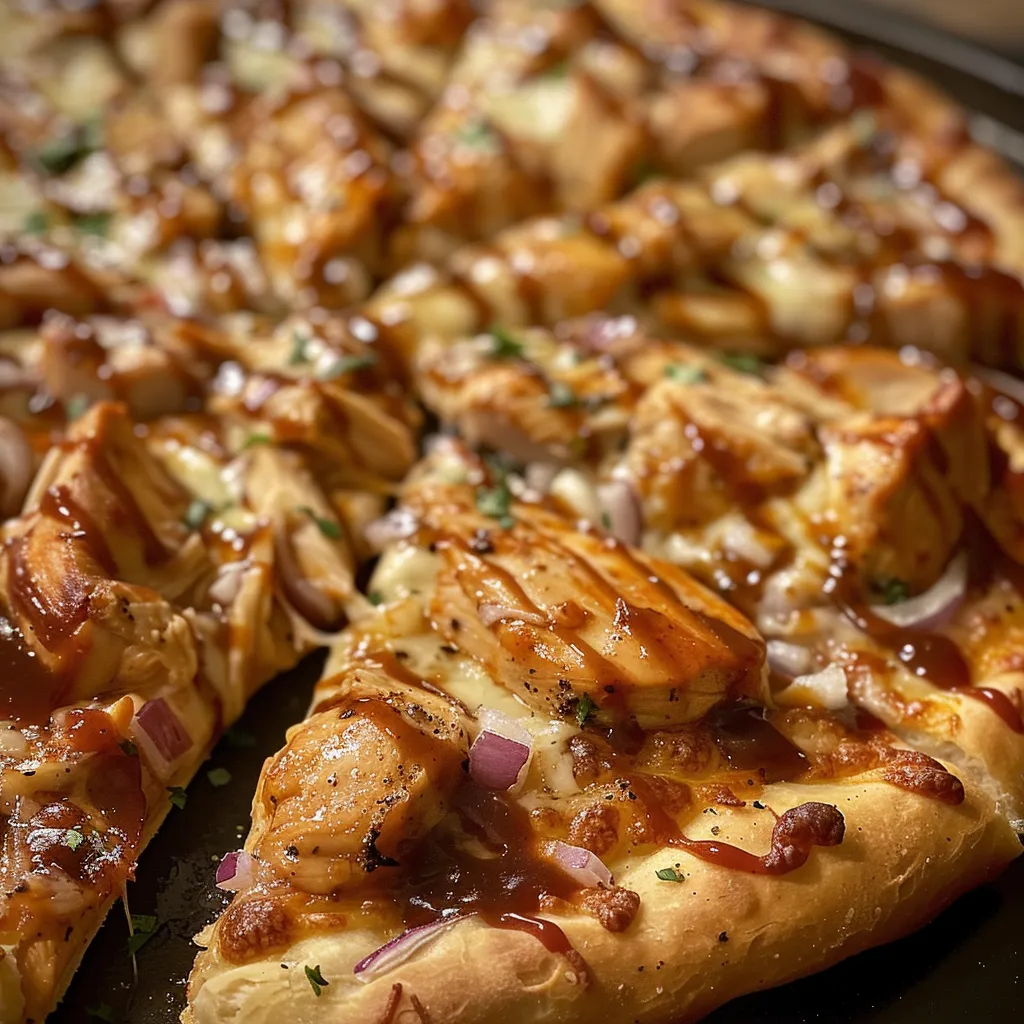 Una deliciosa pizza BBQ de pollo recién horneada.