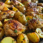 Primer plano de un delicioso Pollo al horno y papas doradas.