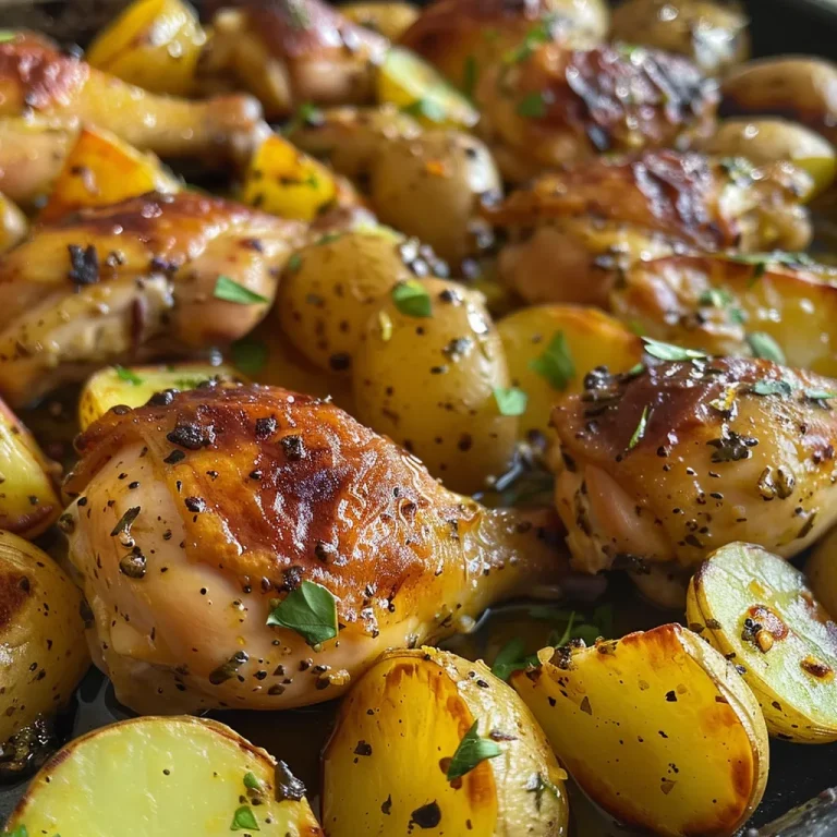 Primer plano de un delicioso Pollo al horno y papas doradas.