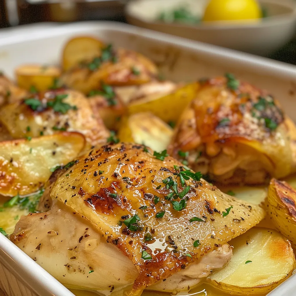 Pollo al horno acompañado de papas doradas y limón.