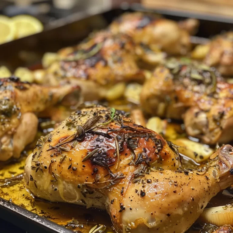 Close up de un pollo asado jugoso, decorado con hierbas frescas y limón.