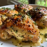 Primer plano de pollo con mantequilla de ajo, mostrando su textura jugosa.