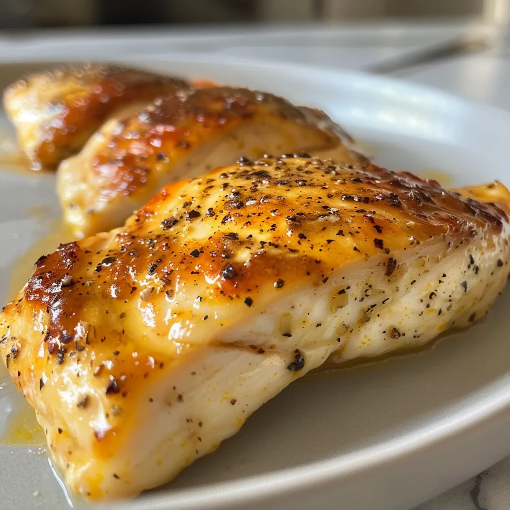 Pollo con una salsa de mantequilla de ajo y decoraciones de queso derretido.