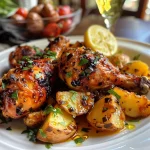 Vista lateral de un plato de pollo al horno con papas.