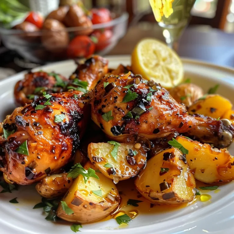 Vista lateral de un plato de pollo al horno con papas.