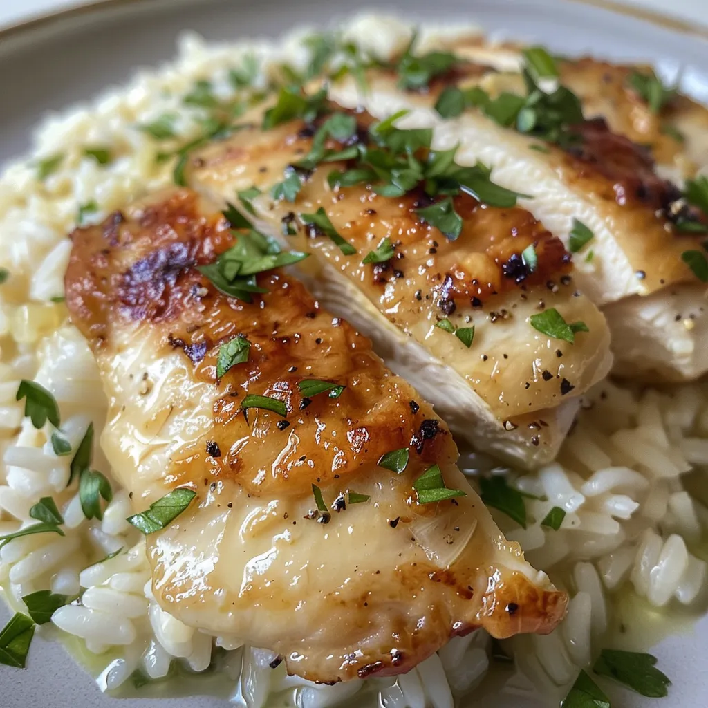 Detalle de un platillo de Pollo Cremoso Arroz, con cebolla y pimientos visibles.