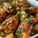 Close-up de pollo guisado con ingredientes frescos alrededor.