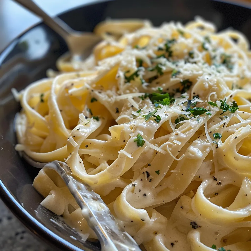 Salsa Alfredo ligera servida sobre fettuccine con hierbas espolvoreadas.
