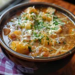 Vista lateral de un plato humeante de sopa de papa tradicional.