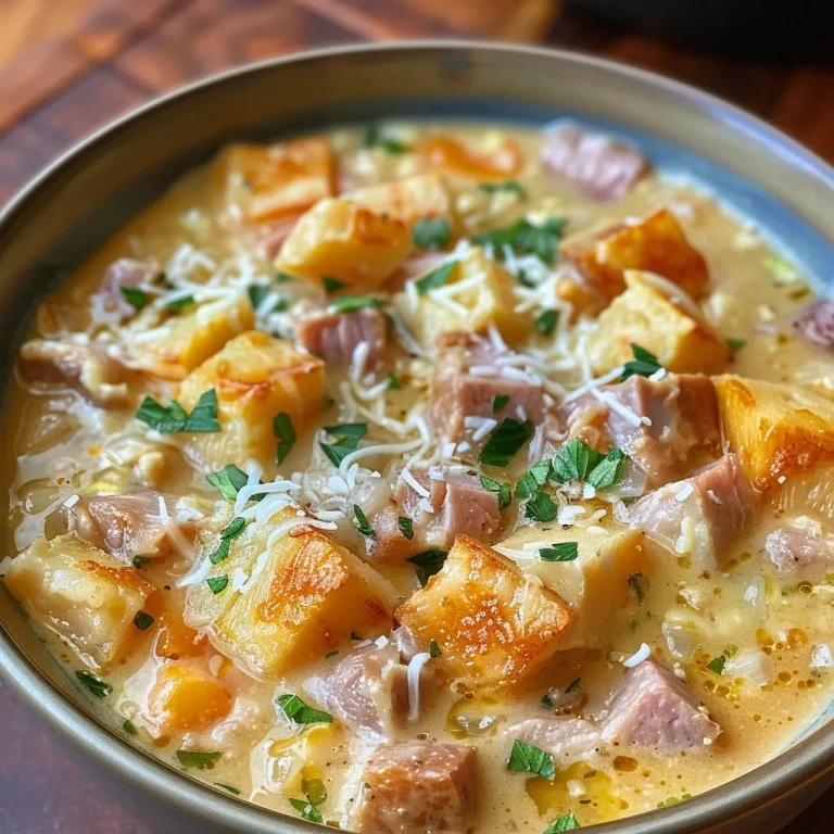 Primer plano de sopa de papa con ingredientes frescos.