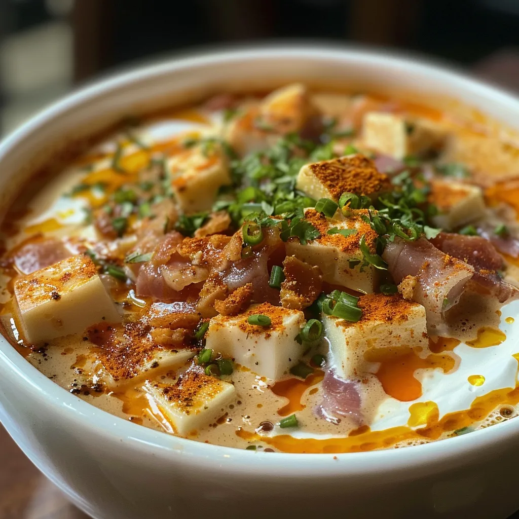 Sopa de papa cremosa acompañada de queso rallado y cilantro.