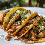 Primer plano de tacos de pollo decorados con cilantro fresco.