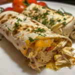 Primer plano de un wrap relleno de pollo desmenuzado, queso y ajo.