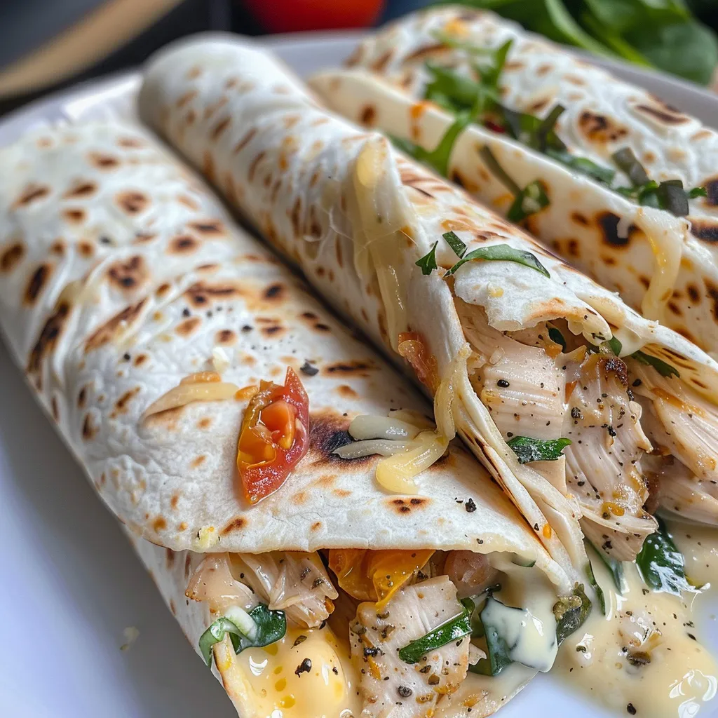 Wrap de pollo con ajo y queso, decorado con perejil fresco.