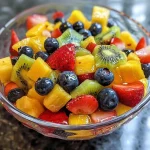 Nahaufnahme einer bunten Frucht-Salat-Schüssel mit frischen Stücken.