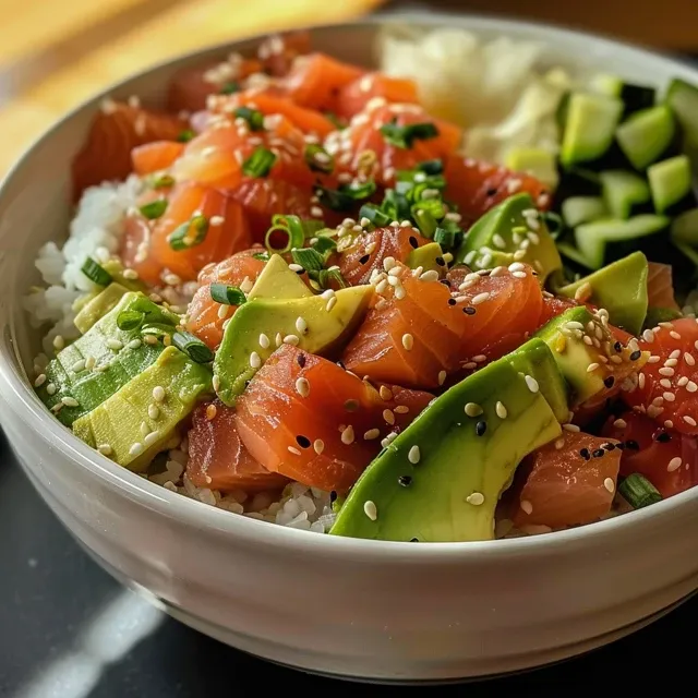 Explora el Sabor del Poke Bowl de Salmón y Aguacate: Frescura en Cada Bocado Nahaufnahme eines Poke-Bowl mit frischem Lachs und Avocado.