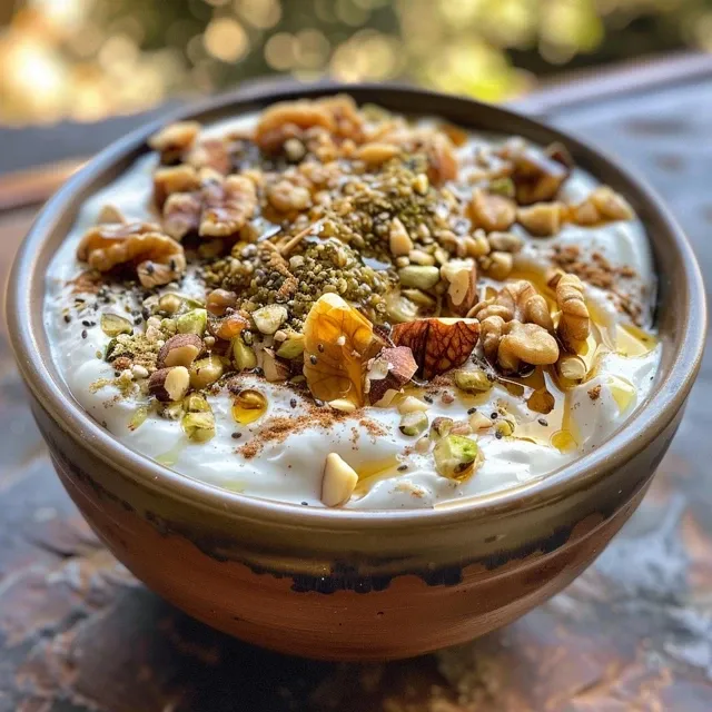 Disfruta de un Yogur con Miel y Nueces: Sencillo y Delicioso Nahaufnahme eines Glases griechischen Joghurts mit Honig und Nüssen.