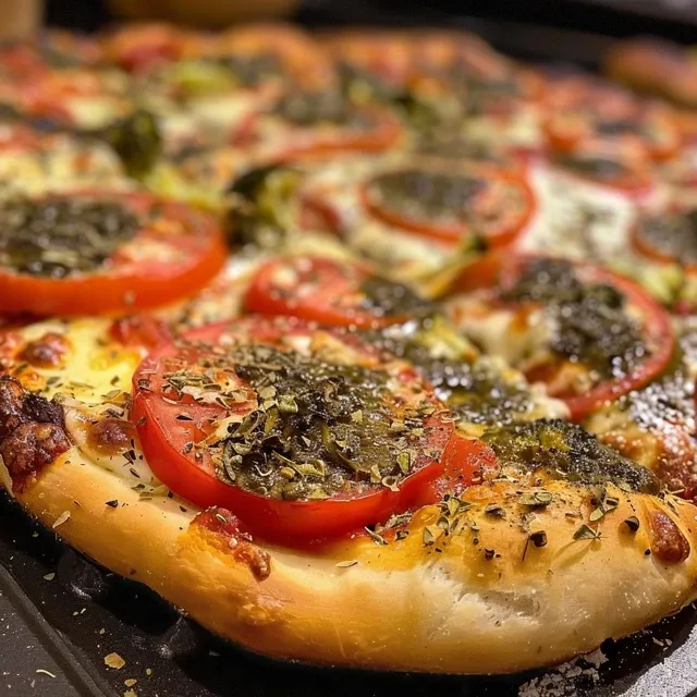 Nahe Ansicht einer rustikalen Gemüse-Pizza mit buntem Gemüsebelag.