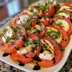 Ensalada Caprese clásica con rodajas de mozzarella y tomate.