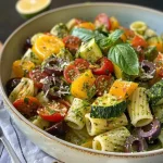 Ensalada de pasta con aguacate y verduras asadas, vista lateral, mostrando colores vibrantes.