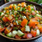 Nahaufnahme von einem Teller Ensalada de Lentejas mit bunten Zutaten.