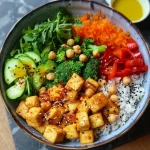 Tazón buda colorido con tofu crujiente, arroz basmati integral y verduras asadas.